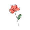 Minimalistic modern line art flower with abstract colorful shapes. One line drawing. Poppy contour. Red flower.